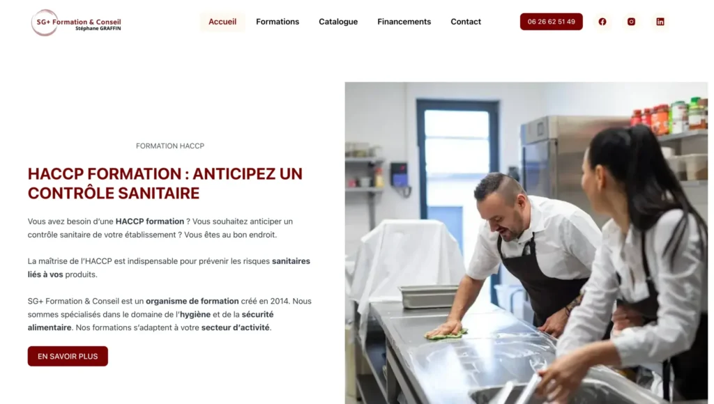 Interface d'un site WordPress dédié à la formation HACCP