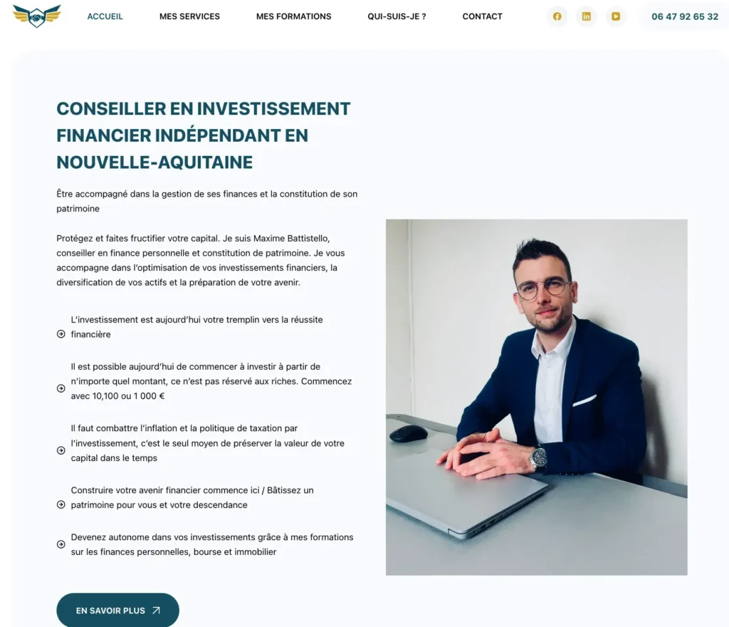 Page d'accueil du site de Maxime Battistello, conseiller en investissement financier