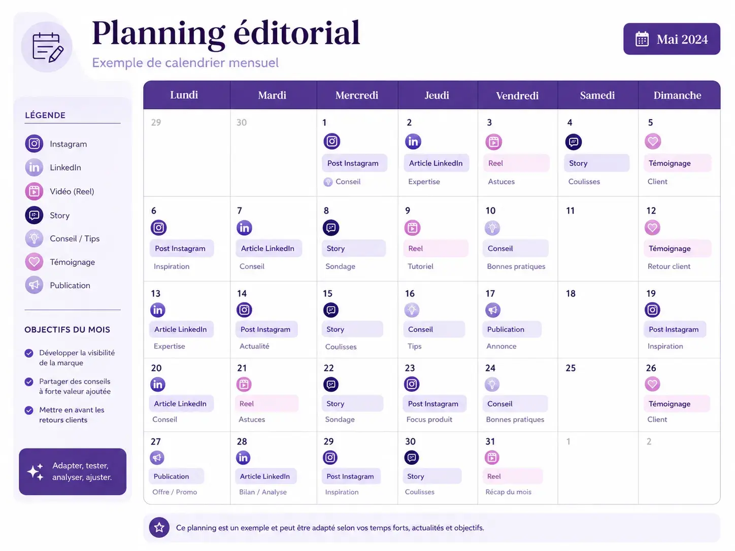 Exemple de calendrier éditorial violet créé par Sandra Doucet
